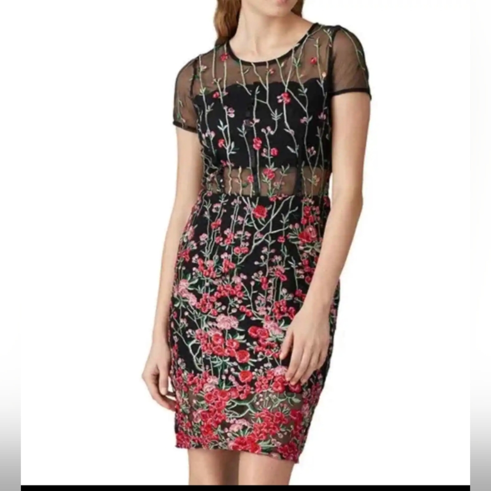 VONE Anthropologie Embroidered Black Red Floral Sheath Mini Dress - SZ 2